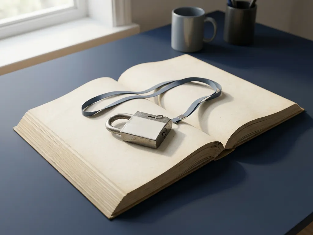 Opengeslagen aanbestedingsdocument op modern bureau met beveiligingsbadge en hangslot, zachte natuurlijke belichting in marine en gebroken wit.