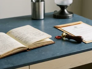 Open notitieboek met handgeschreven aantekeningen naast een officieel certificeringsstempel op een modern bureau, zachte blauwe en ivoren tinten.