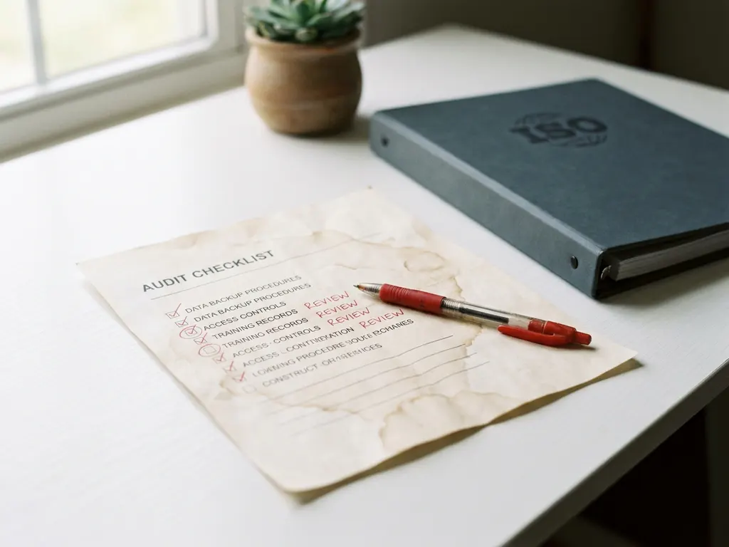 Versleten auditchecklist op wit bureau met rode pen en gesloten ISO-map op de achtergrond.