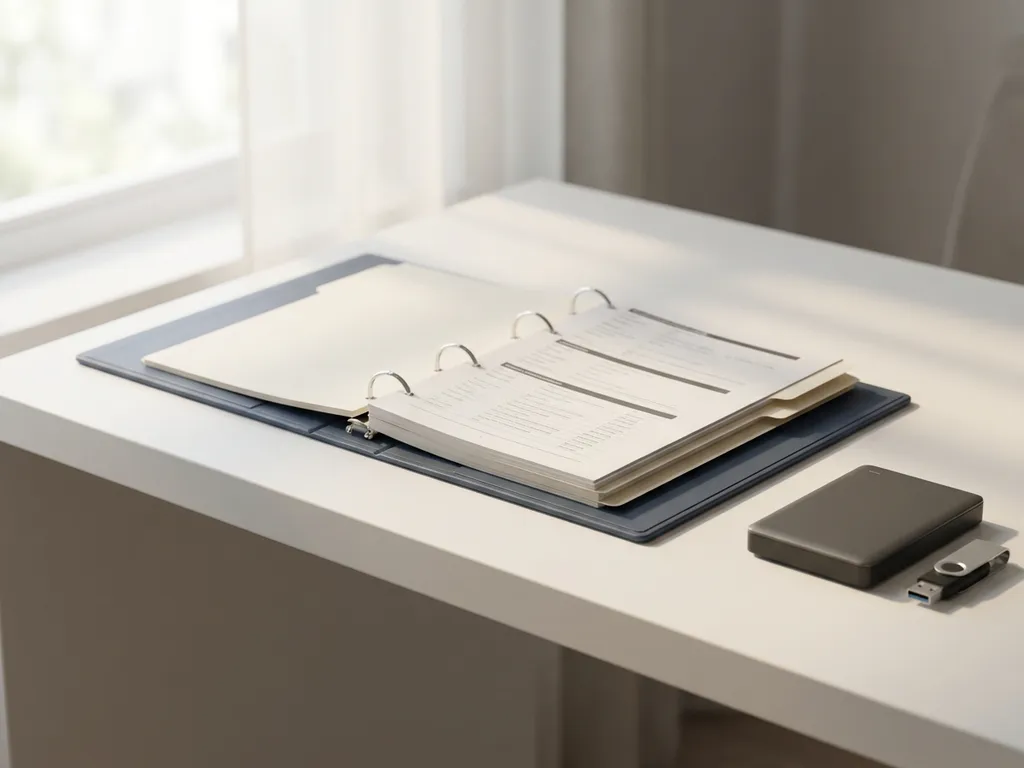 Open ordner met beleidsdocumenten op modern bureau, naast externe harde schijf en USB-stick, verlicht door zacht natuurlijk licht.
