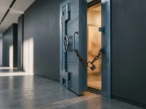 Zware stalen kluisdeur op een kier met gebroken hangslot en ketting in een modern kantoorgebouw, dramatisch verlicht.