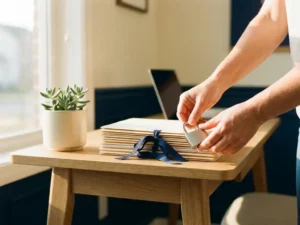 Ondernemer plaatst hangslot op stapel kantoormappen op houten bureau, symboliseert gegevensbeveiliging voor mkb.
