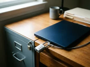 Combinatieslot op laptop naast vergrendeld stalen archiefkast op bureau, symbool voor digitale en fysieke informatiebeveiliging.
