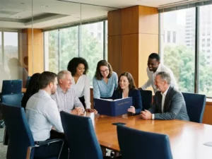 Diverse collega's rond een vergadertafel bekijken samen een beveiligingsbeleidsmap in een moderne kantooromgeving met glazen wanden.