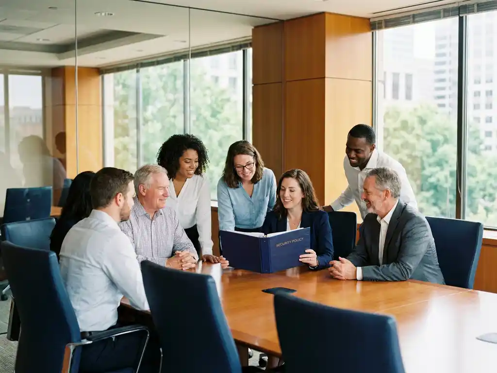 Diverse collega's rond een vergadertafel bekijken samen een beveiligingsbeleidsmap in een moderne kantooromgeving met glazen wanden.