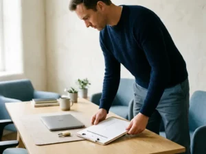 Professional die een papieren checklist bestudeert aan een bureau met een gesloten laptop en hangslot, in een modern kantoor.
