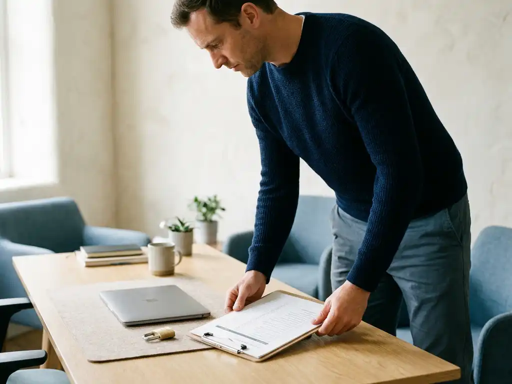 Professional die een papieren checklist bestudeert aan een bureau met een gesloten laptop en hangslot, in een modern kantoor.