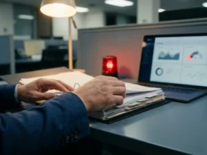 Beveiligingsprofessional organiseert noodrespons-map op bureaublad naast laptop met dashboard, rood waarschuwingslicht op de achtergrond.