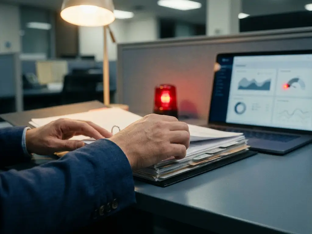 Beveiligingsprofessional organiseert noodrespons-map op bureaublad naast laptop met dashboard, rood waarschuwingslicht op de achtergrond.