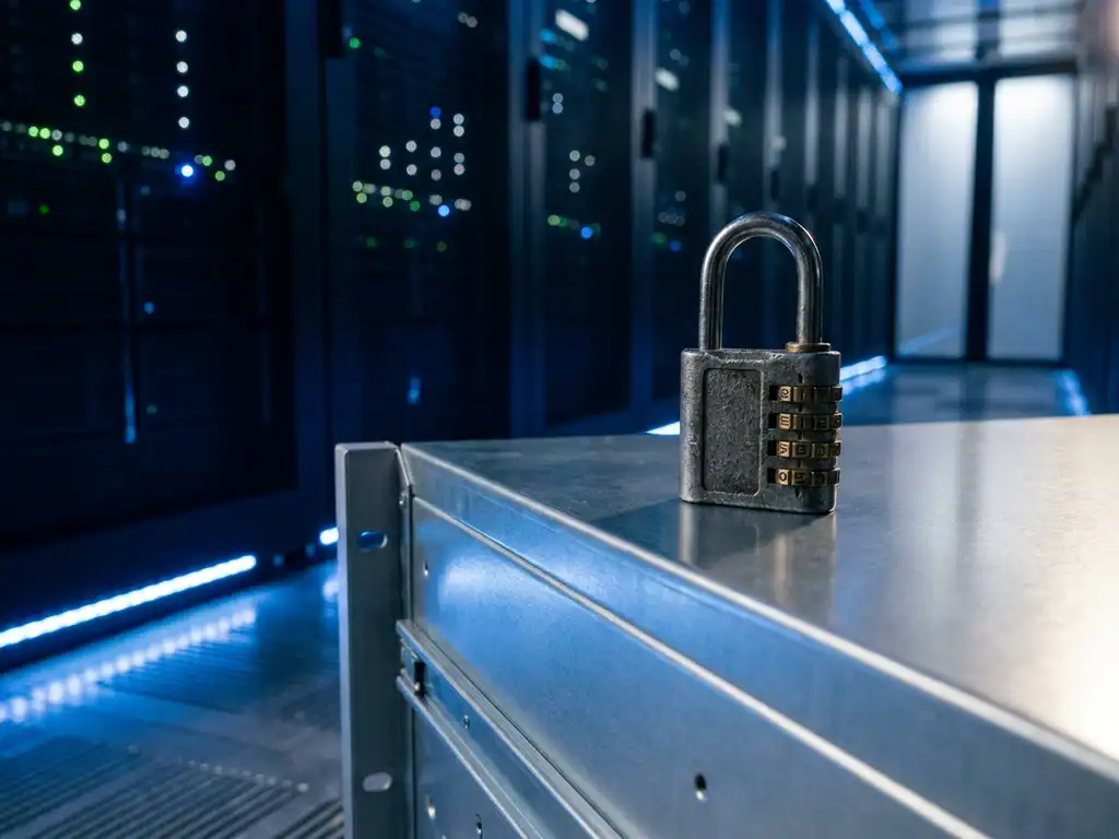 Combinatieslot op zilverkleurig serverrek in datacentergang met blauwe sfeerverlichting en rijen servers op de achtergrond.