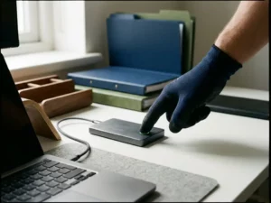 Gehandschoende hand die de testknop indrukt op een externe harde schijf, verbonden met laptop, groen indicatielampje aan.