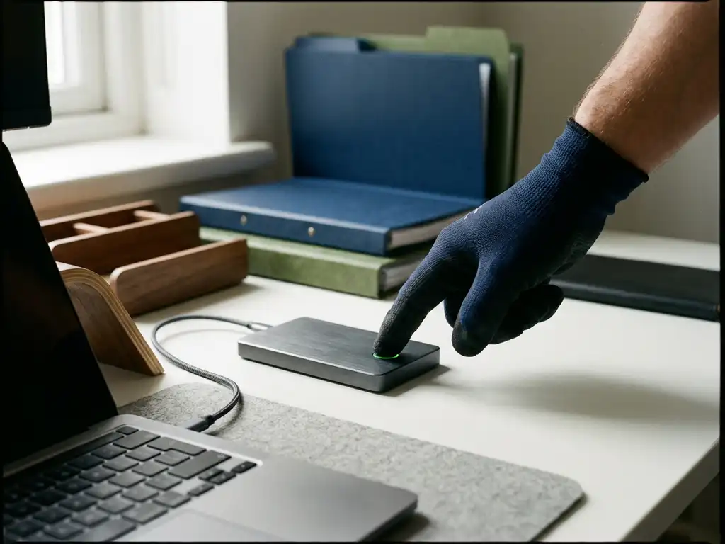 Gehandschoende hand die de testknop indrukt op een externe harde schijf, verbonden met laptop, groen indicatielampje aan.