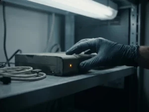 Gehandschoende hand reikt naar stoffige externe harde schijf op serverrek, met loszittende kabels en oranje indicatielampje.
