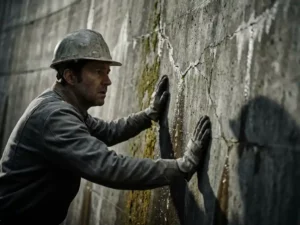 Ingenieur met helm voelt aan gebarsten betonnen damwand met sijpelend water door haarscheuren, dramatisch zijlicht.