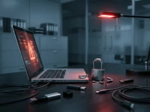 Gebroken hangslot op kantoorbureau naast laptop met waarschuwingsgloed, USB-sticks en verwarde kabels, dramatische zijverlichting.