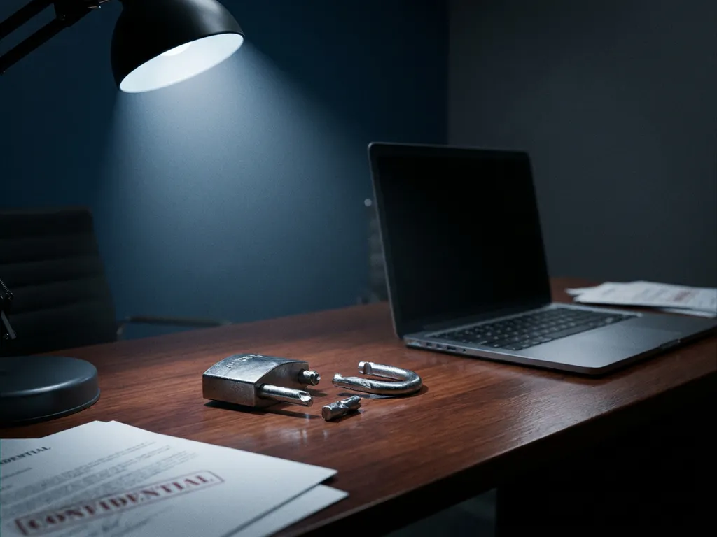 Gebroken hangslot op donker bureau naast open laptop, met vertrouwelijke documenten en gerichte bureaulamp in koelblauw kantoor.