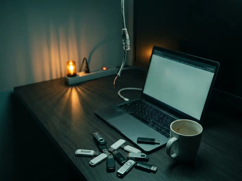 Versleten ethernetkabel hangend aan één koperdraad boven een rommelig bureau met USB-sticks, laptop en koffiekop in amber licht.