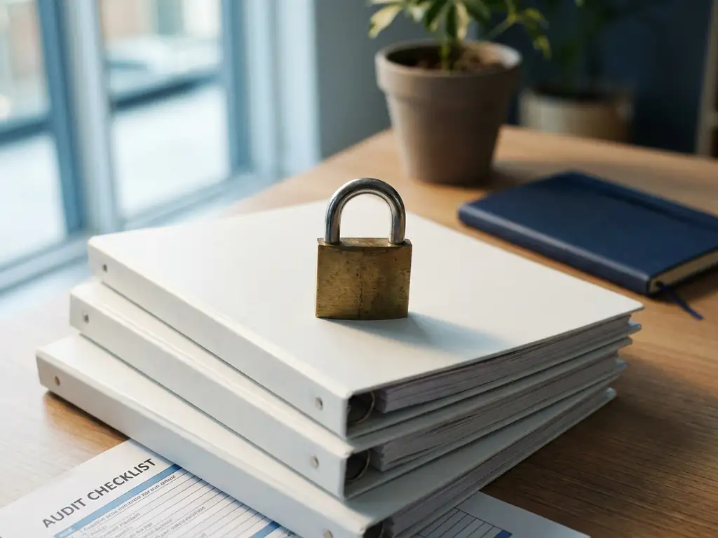 Messing hangslot op gestapelde witte ordners op kantoorbureau, met gedeeltelijk zichtbare auditchecklist eronder.