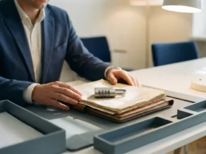 Inkoopmanager bekijkt leverancierscontract aan modern bureau met gesloten combinatieslot op documentenstapel.
