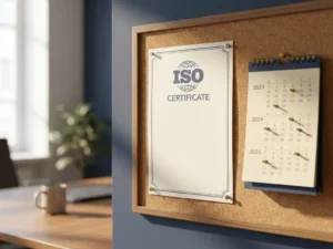 ISO-certificaat op kantoorprikbord naast bureaukalender met driejarige hercertificeringscyclus, zachte natuurlijke belichting.