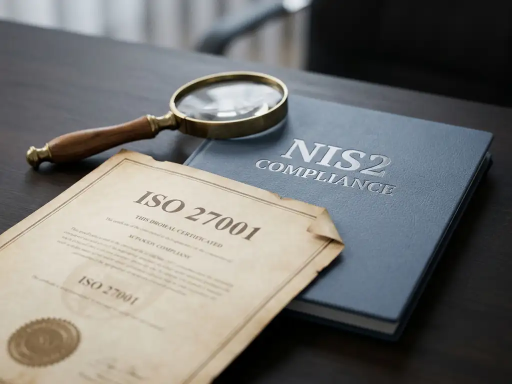 ISO 27001-certificaat en NIS2-compliance map op bureauoppervlak met vergrootglas, suggererende vergelijking van beide normen.