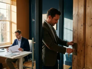 Professional sluit houten kantoordeuren met sleutel; collega bestudeert beleidsdocumenten achter glazen wand in modern advieskantoor.