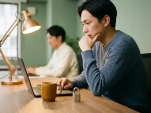 Kantoormedewerker bij laptop met combinatieslot op bureau, symboliseert digitale beveiliging op de werkplek.
