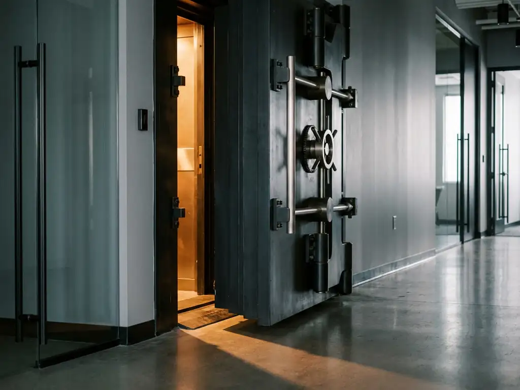 Zware stalen kluisdeur op een kier in een moderne kantoorgang, met warm amberkleurig licht op betonnen vloer.