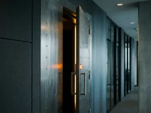Zware stalen kluisdeur op een kier in een moderne kantoorgang, met een amber waarschuwingslicht vanuit het donkere interieur.