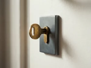 Messing sleutel in modern deurslot op matte witte muur, zachte schaduwen en warme gouden tinten benadrukken toegangsbeveiliging.