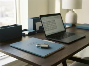 Combinatieslot op juridisch nalevingsdocument op modern bureau, met halfopen laptop, in leisteen- en houtskoolkleurige kantooromgeving.