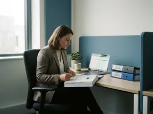 Professional bestudeert EU-compliance document aan modern bureau met laptop en beleidsmappen, zacht natuurlijk licht.