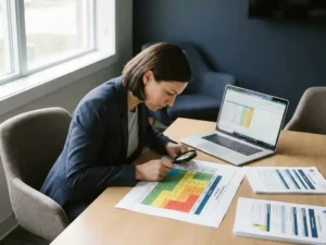 Beveiligingsprofessional bestudeert risicoanalyse met vergrootglas op kantoor, laptop op achtergrond, natuurlijk zijlicht.