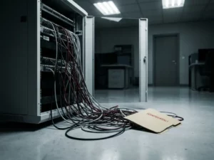 Open serverkast met verstrengelde kabels op kantoorvloer, vertrouwelijk document zichtbaar onder fel tl-licht in gespannen sfeer.