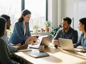 Divers team rond een vergadertafel met laptops en een cijferslot, terwijl een collega een gedeeld document toelicht in een modern kantoor.