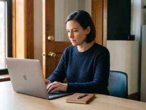 Professional werkt geconcentreerd op laptop aan thuiswerkplek, met vergrendelde deur op achtergrond en notitieboekje naast toetsenbord.
