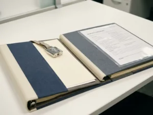 Twee open professionele mappen op een wit bureau met een beveiligingsbadge en een kwaliteitschecklist, in marineblauw en leisteengrijs.