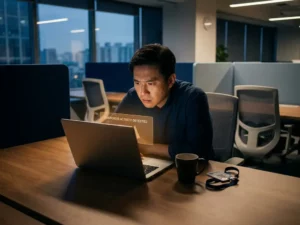 Medewerker buigt bezorgd naar laptop met verdachte e-mail, koffiekop en toegangspas op bureau, kantooromgeving.