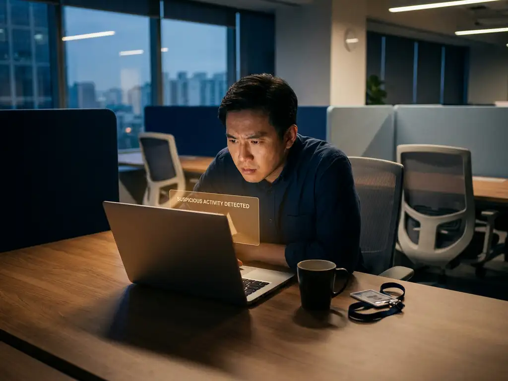 Medewerker buigt bezorgd naar laptop met verdachte e-mail, koffiekop en toegangspas op bureau, kantooromgeving.