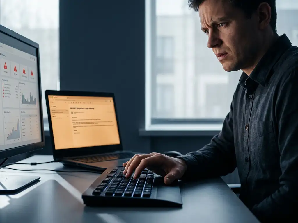 Kantoormedewerker aarzelt voor laptop met verdachte e-mail, beveiligingsdashboard zichtbaar op tweede monitor, amberkleurige waarschuwingsgloed.