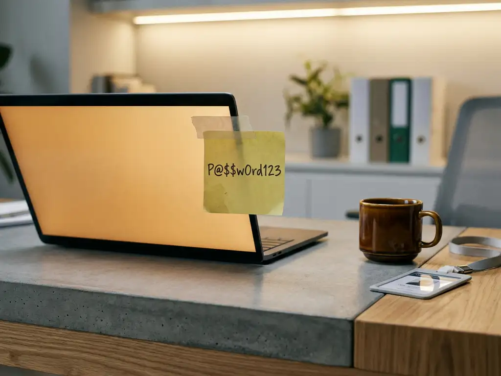 Geel plakbriefje met wachtwoord op laptopscherm in kantooromgeving, met bedrijfspas en koffiemok op bureau.