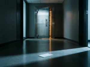 Zware stalen kluisdeur op een kier in moderne kantoorgang, met een toegangspas op de glanzende vloer.